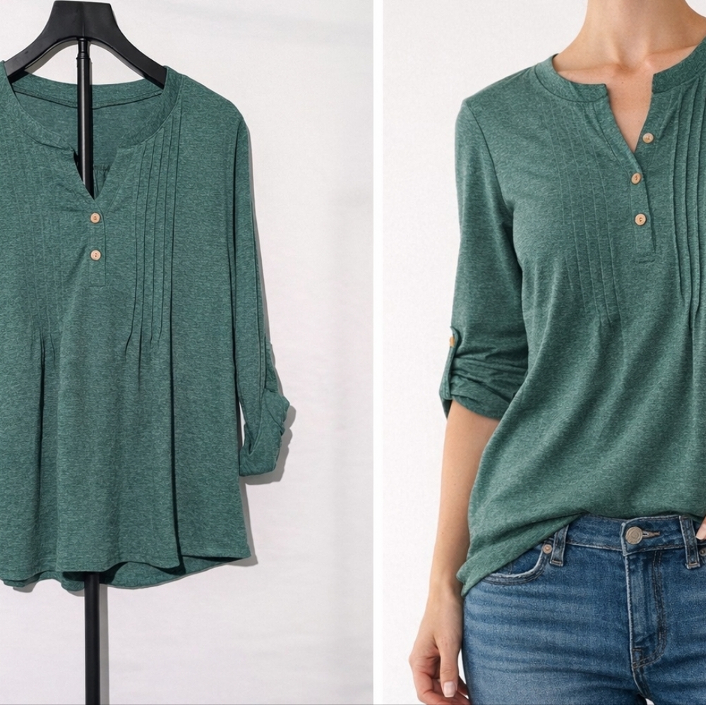 Free To Live Green Button-Up Henley Top - Size Large - Soft Stretch